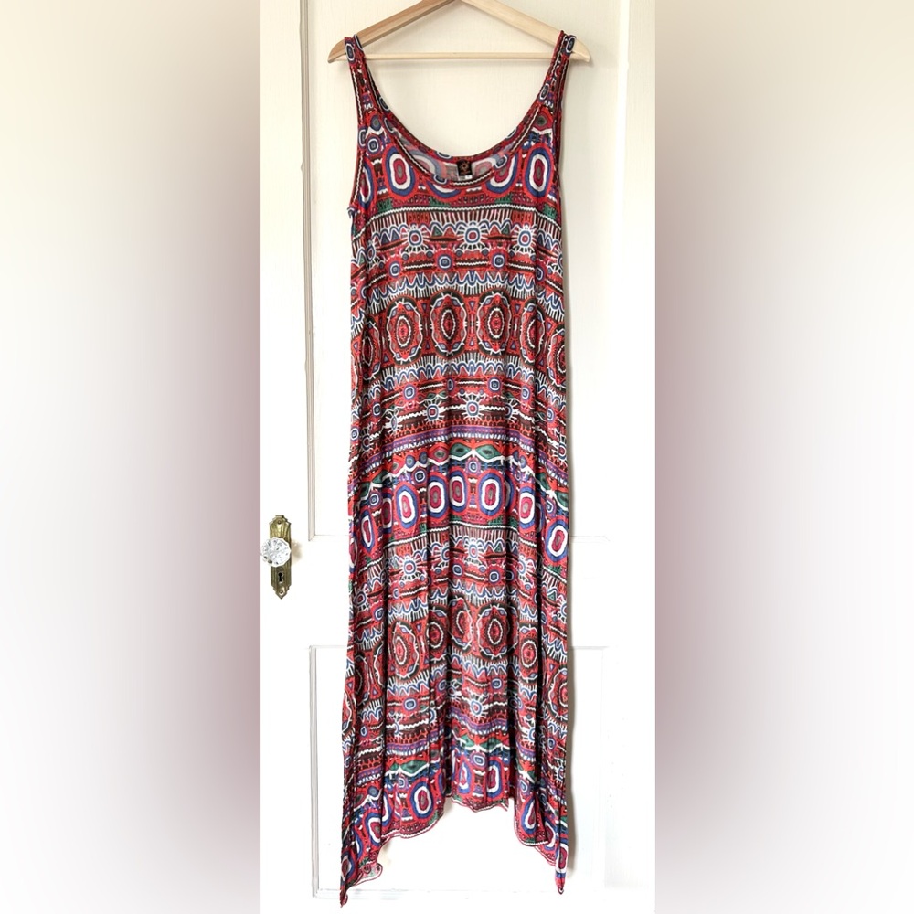 Vintage Jean Paul Gaultier Soleil Fuzzi Maxi Dress Boho Red Orange Geometric L